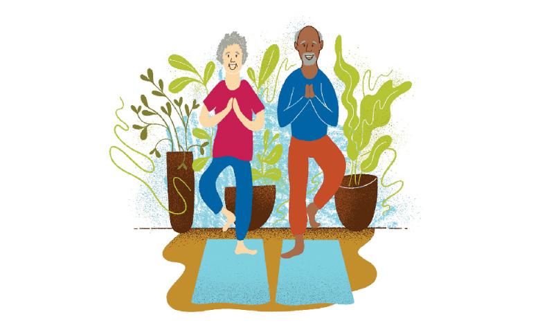 ASEBP custom MyRetiree Plan campaign illustration depicting an older couple doing yoga