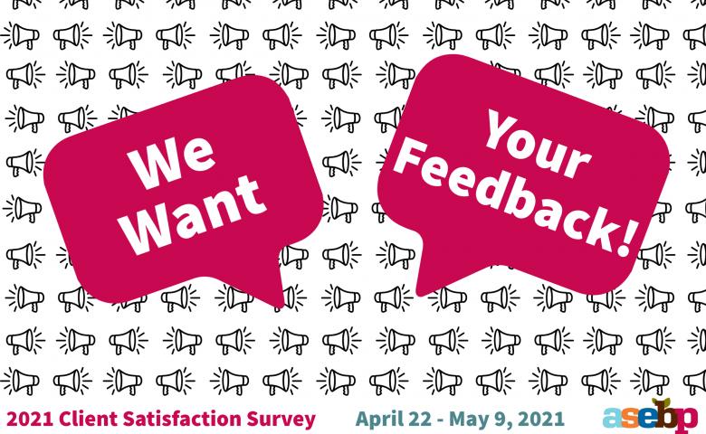 Two pink speech balloons: one says &quot;we want&quot; and the other says &quot;your feedback&quot;