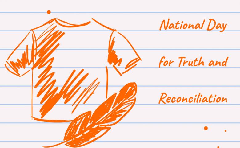 A sketch of an orange t-shirt and feather on a background that looks like lined notepaper, with the words "National Day for Truth and Reconciliation" written in orange beside the shirt.